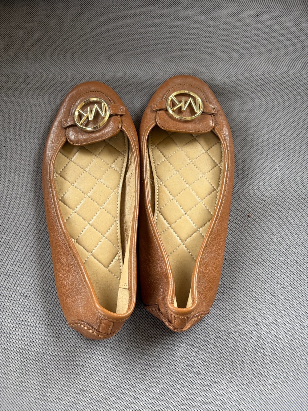 Michael Kors Tan Leather Logo-Trim Ballet Flats